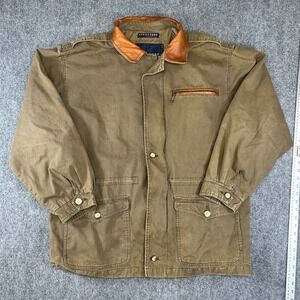 Vintage Structure Mens XL Brown Canvas Field Barn Jacket Leather Trim Collar
